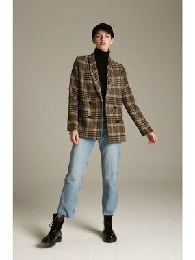 Deluc Maverick Blazer Plaid Oversized Preppy Coat Brown tan Black Large